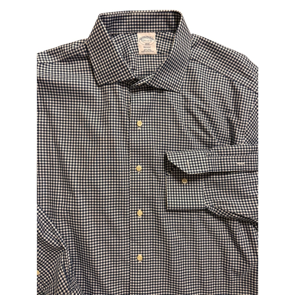 Brooks‎ Brothers 1818 Regent Dress Shirt Mens 17.5 Navy Blue Gingham Non Iron